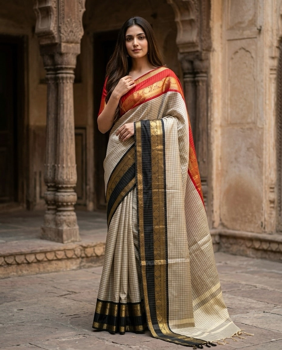 Elegant Off-White & Black Banarasi Katan Soft Silk Saree with Red Accent GJM-45