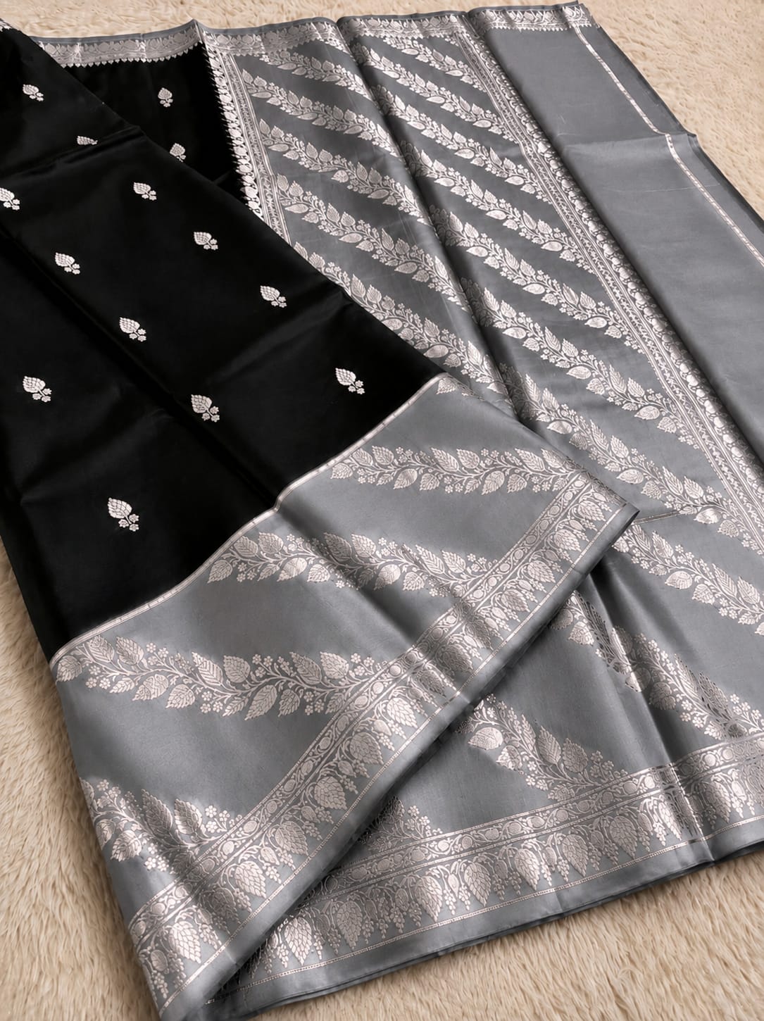 Elegant Black Semi Katan Soft Silk Saree with Vibrant Contrast Border & Pallu SKD66