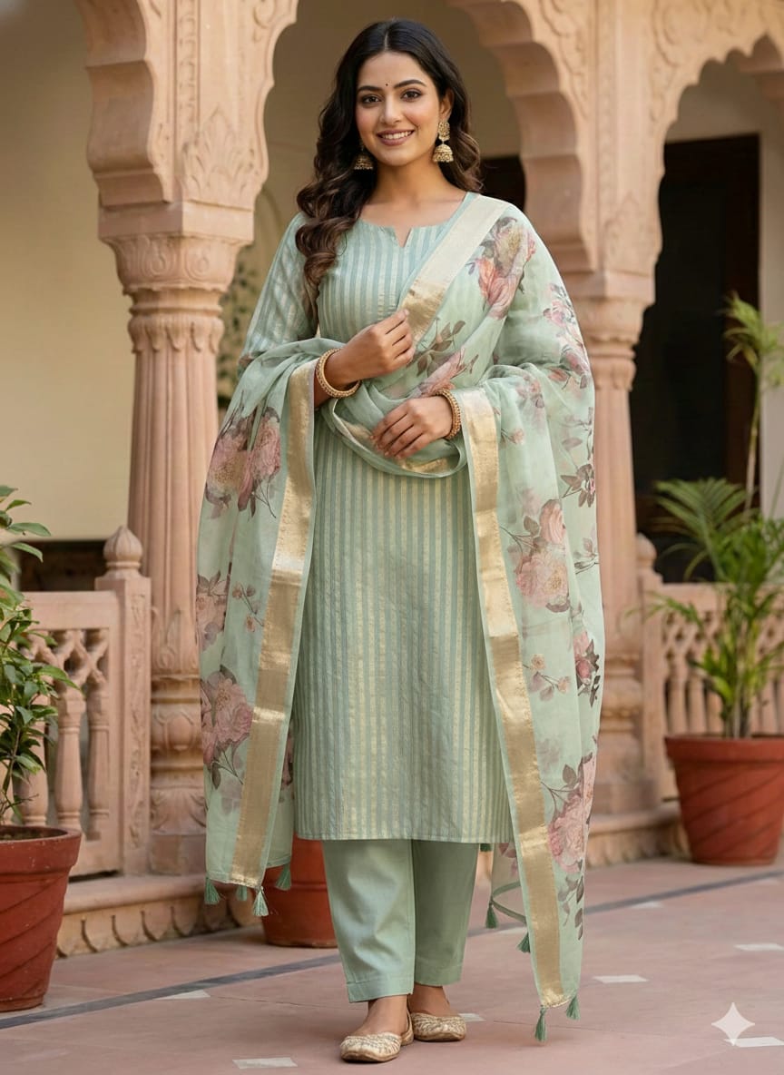 Premium Banarasi Mercerised Cotton Unstitched Suit Set with Digital Print Chanderi Dupatta BSH45
