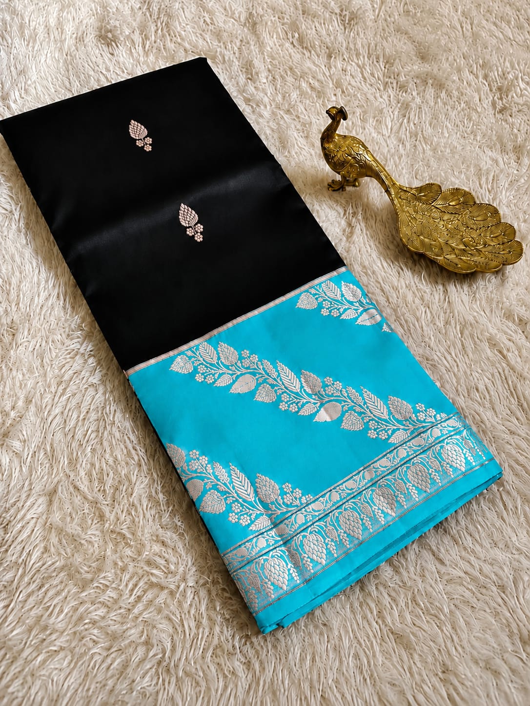 Elegant Black Semi Katan Soft Silk Saree with Vibrant Contrast Border & Pallu SKD66