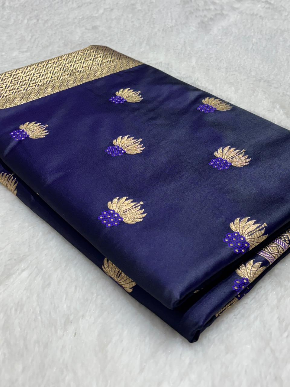 Royal Navy Blue Banarasi Semi Katan Soft Silk Saree with Elaborate Zari Pallu
