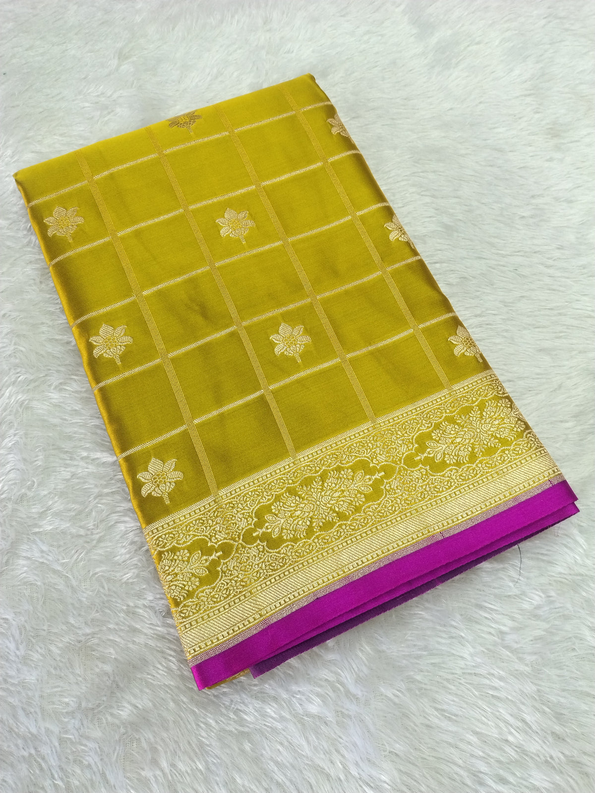 Royal Mustard Lime Banarasi Mashru Silk Saree with Gold Zari Weave & Contrast Rani Border WBMS41