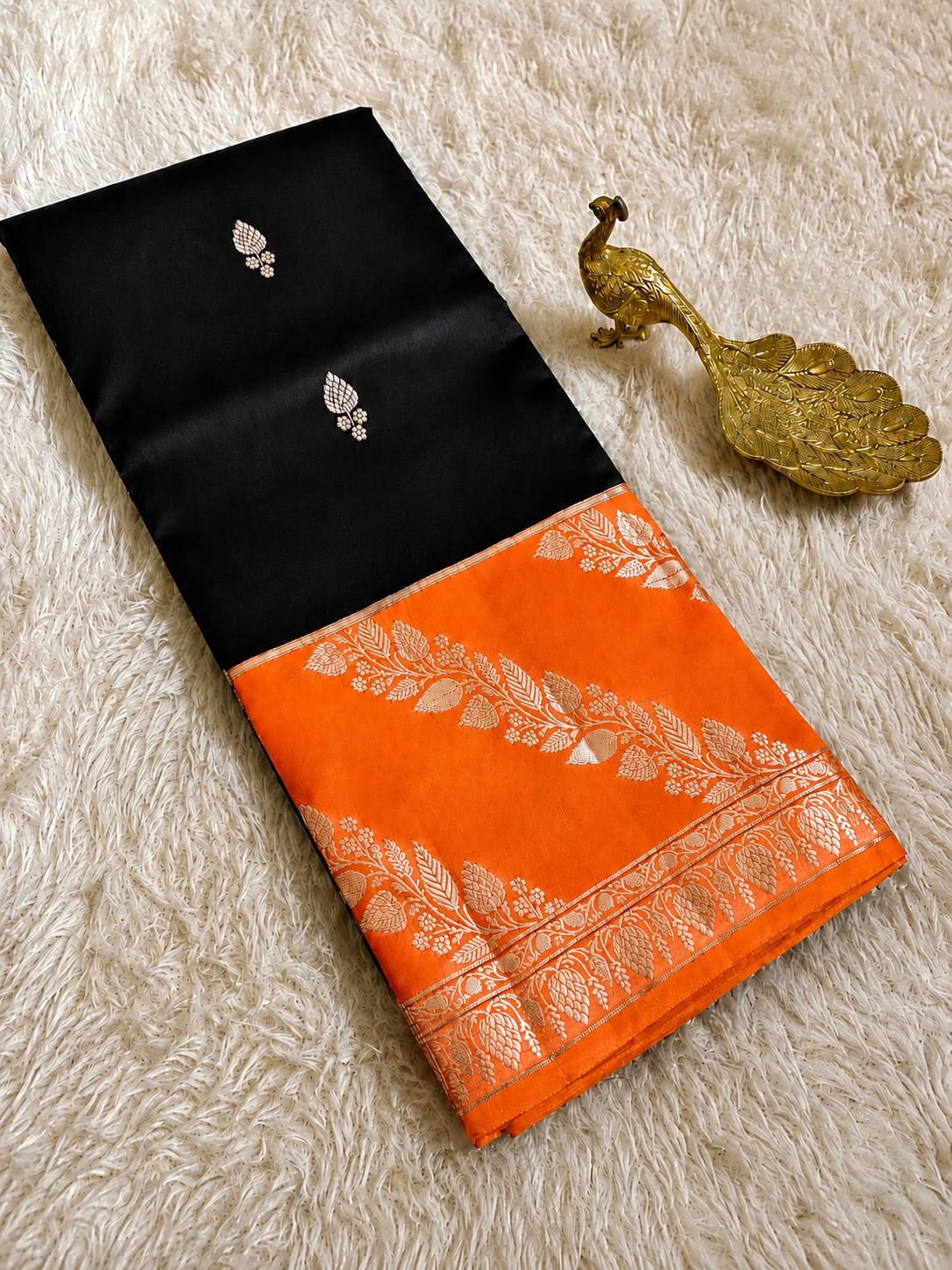 Elegant Black Semi Katan Soft Silk Saree with Vibrant Contrast Border & Pallu SKD66