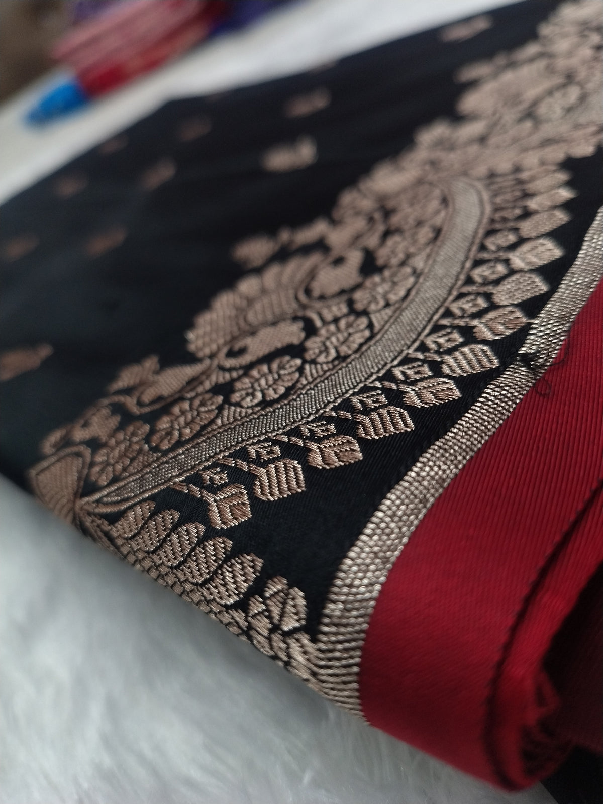 Royal Black Banarasi Semi Katan Soft Silk Saree with Rich Golden Zari Pallu & Contrast Red Border JBSK31