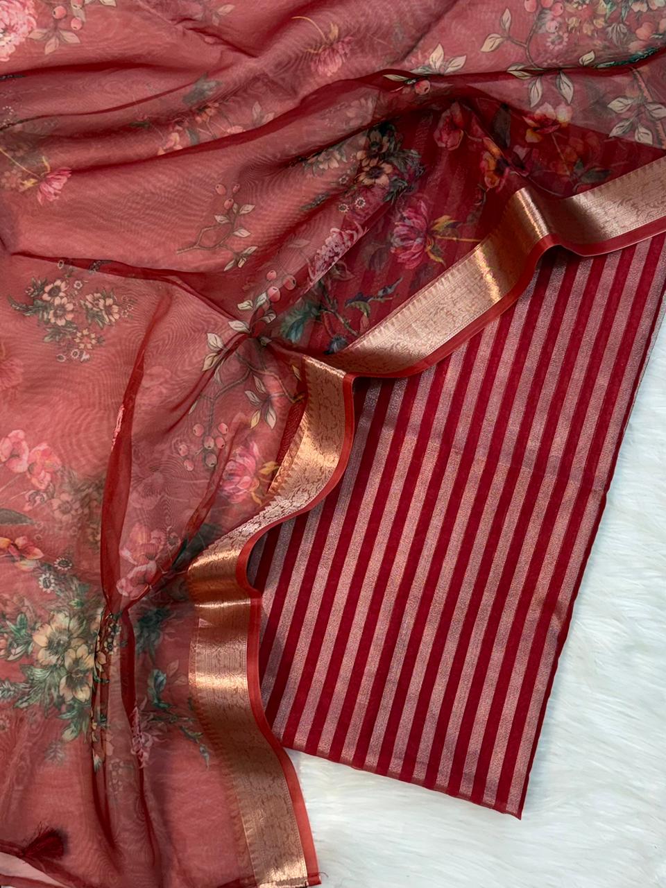 Premium Banarasi Mercerised Cotton Unstitched Suit Set with Digital Print Chanderi Dupatta BSH45