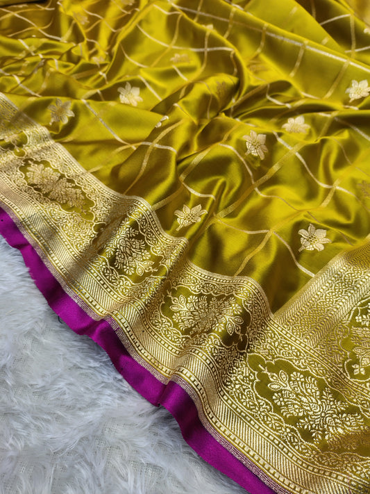 Royal Mustard Lime Banarasi Mashru Silk Saree with Gold Zari Weave & Contrast Rani Border WBMS41