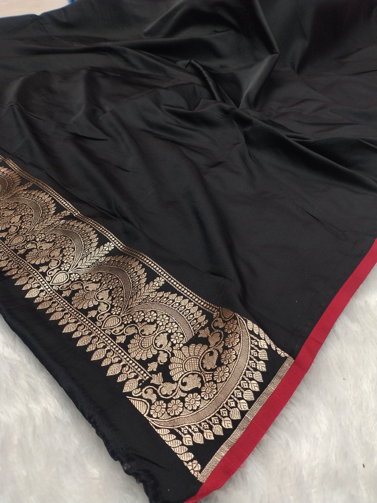 Royal Black Banarasi Semi Katan Soft Silk Saree with Rich Golden Zari Pallu & Contrast Red Border JBSK31