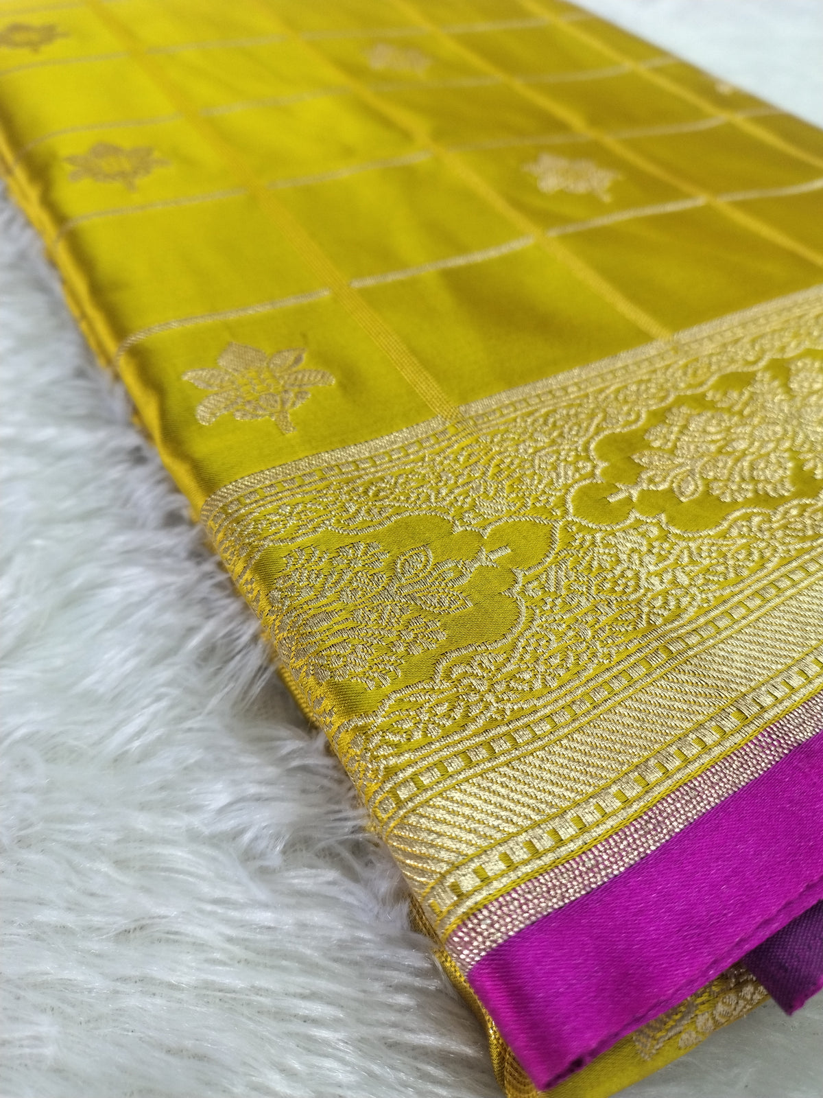 Royal Mustard Lime Banarasi Mashru Silk Saree with Gold Zari Weave & Contrast Rani Border WBMS41