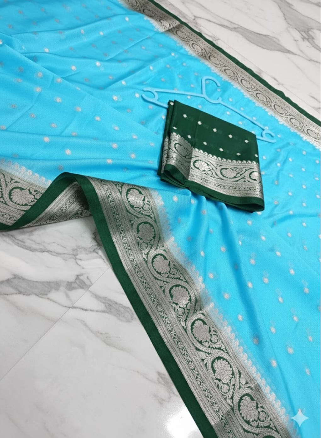 Elegant Sky Blue & Bottle Green Warm Silk Saree with Water Zari Butti WSN90