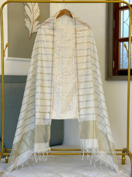 Exclusive Banarasi Chanderi Silk Unstitched Salwar Kameez Suit Set – Off-White / Ivory BSH13