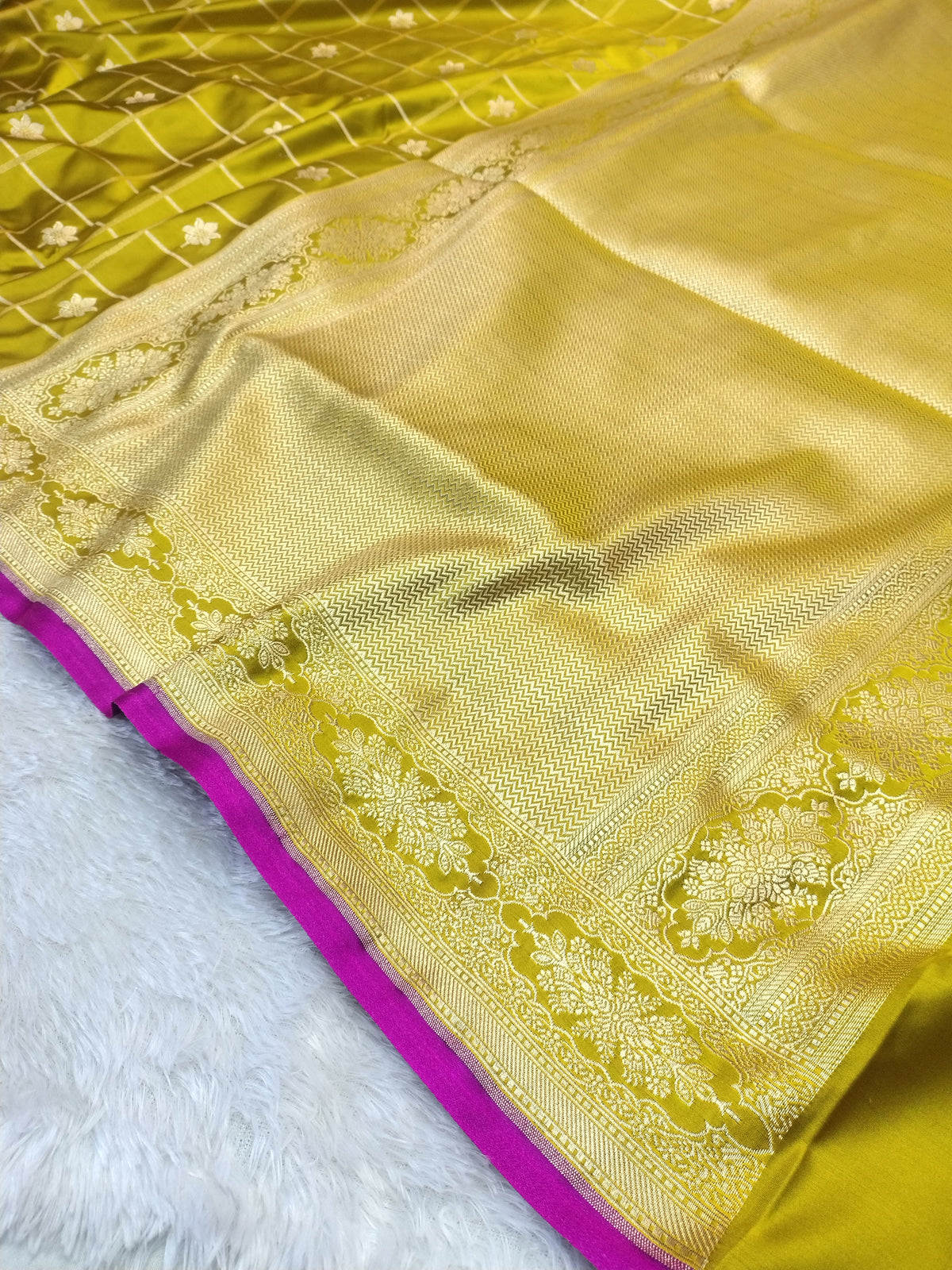 Royal Mustard Lime Banarasi Mashru Silk Saree with Gold Zari Weave & Contrast Rani Border WBMS41