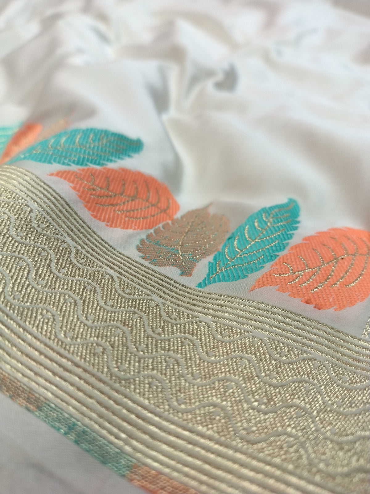 Banarasi Mashru Silk Saree in Off-White with Vibrant Leaf Meenakari & Golden Zari Border WBMS80