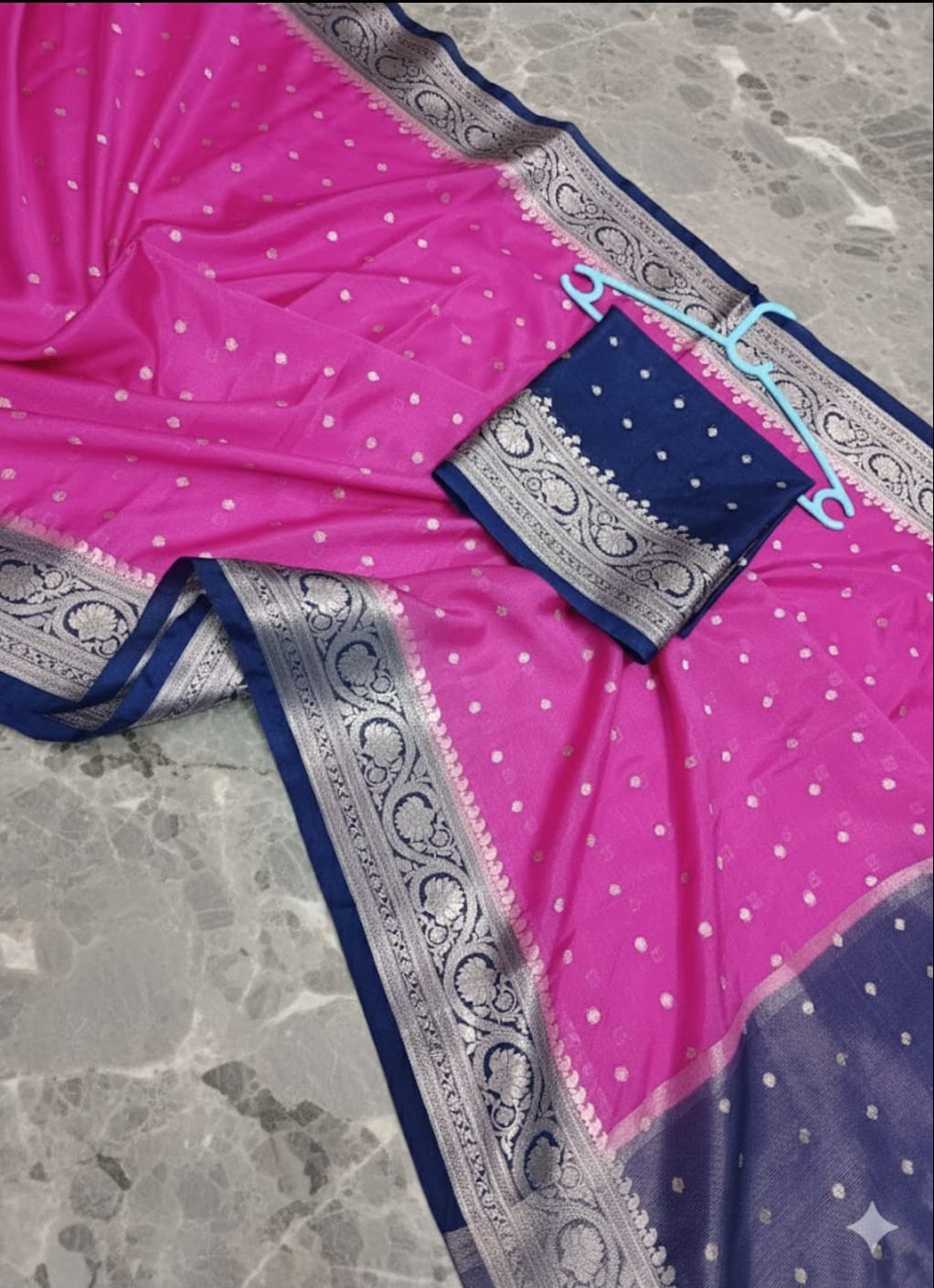 Elegant Pink & Navy Blue Warm Silk Saree with Intricate Water Zari Butti WSN90