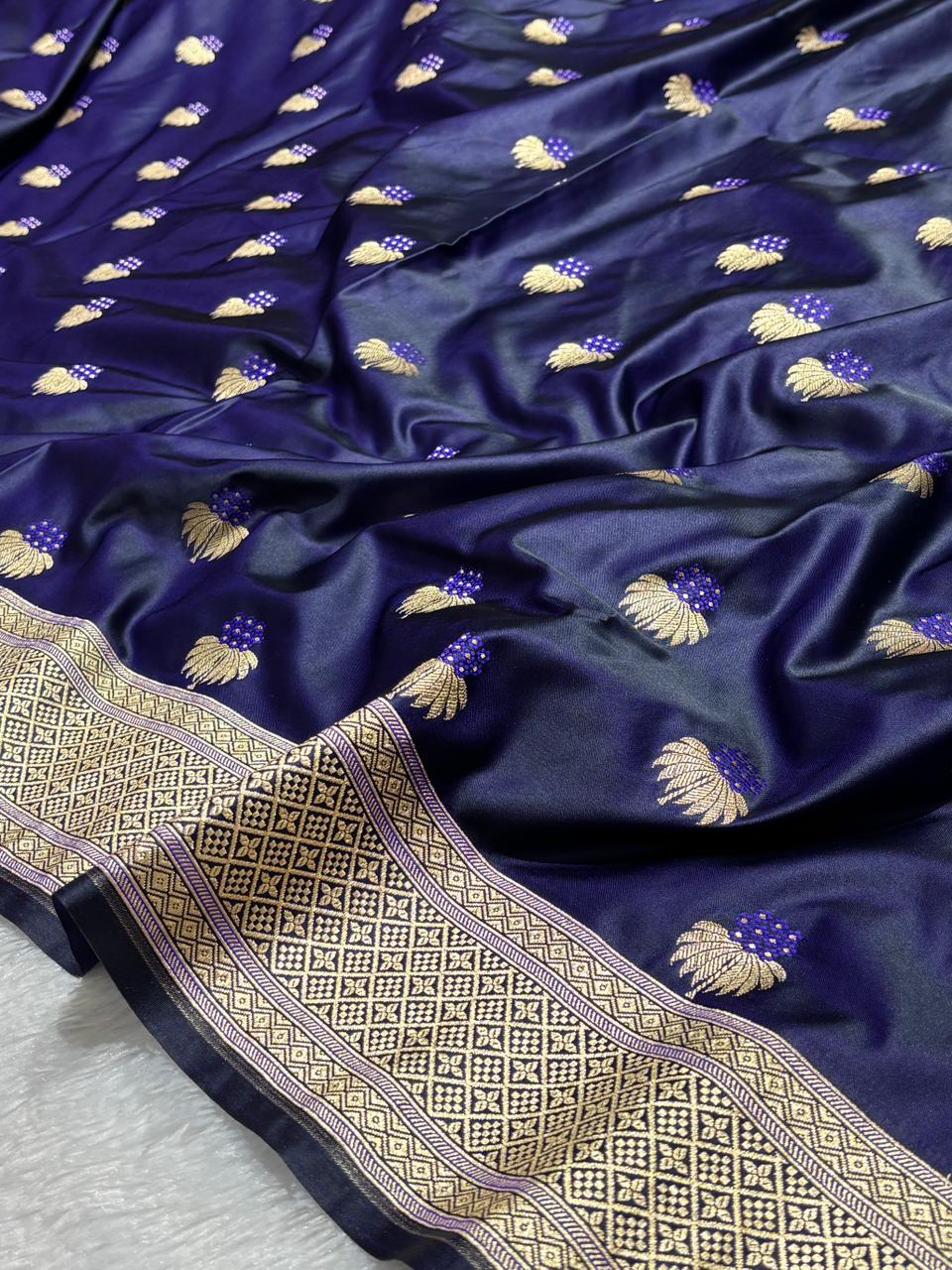 Royal Navy Blue Banarasi Semi Katan Soft Silk Saree with Elaborate Zari Pallu