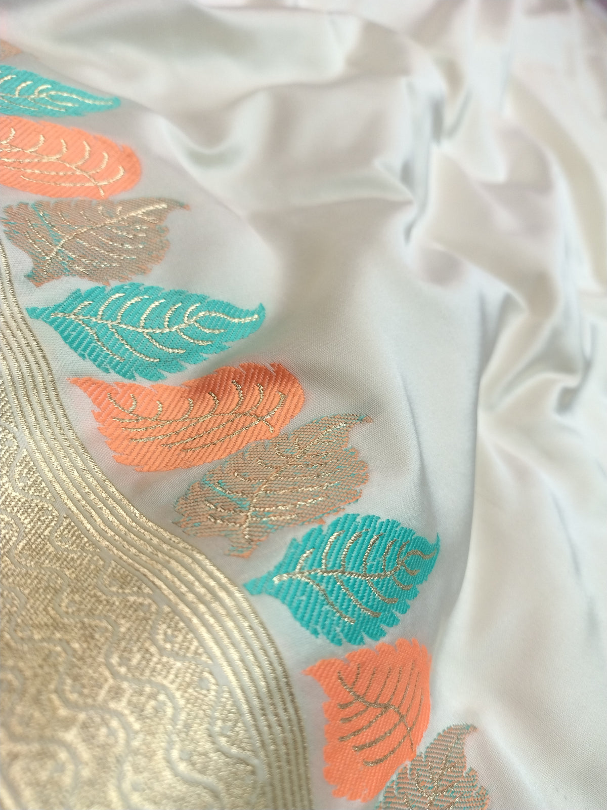 Banarasi Mashru Silk Saree in Off-White with Vibrant Leaf Meenakari & Golden Zari Border WBMS80