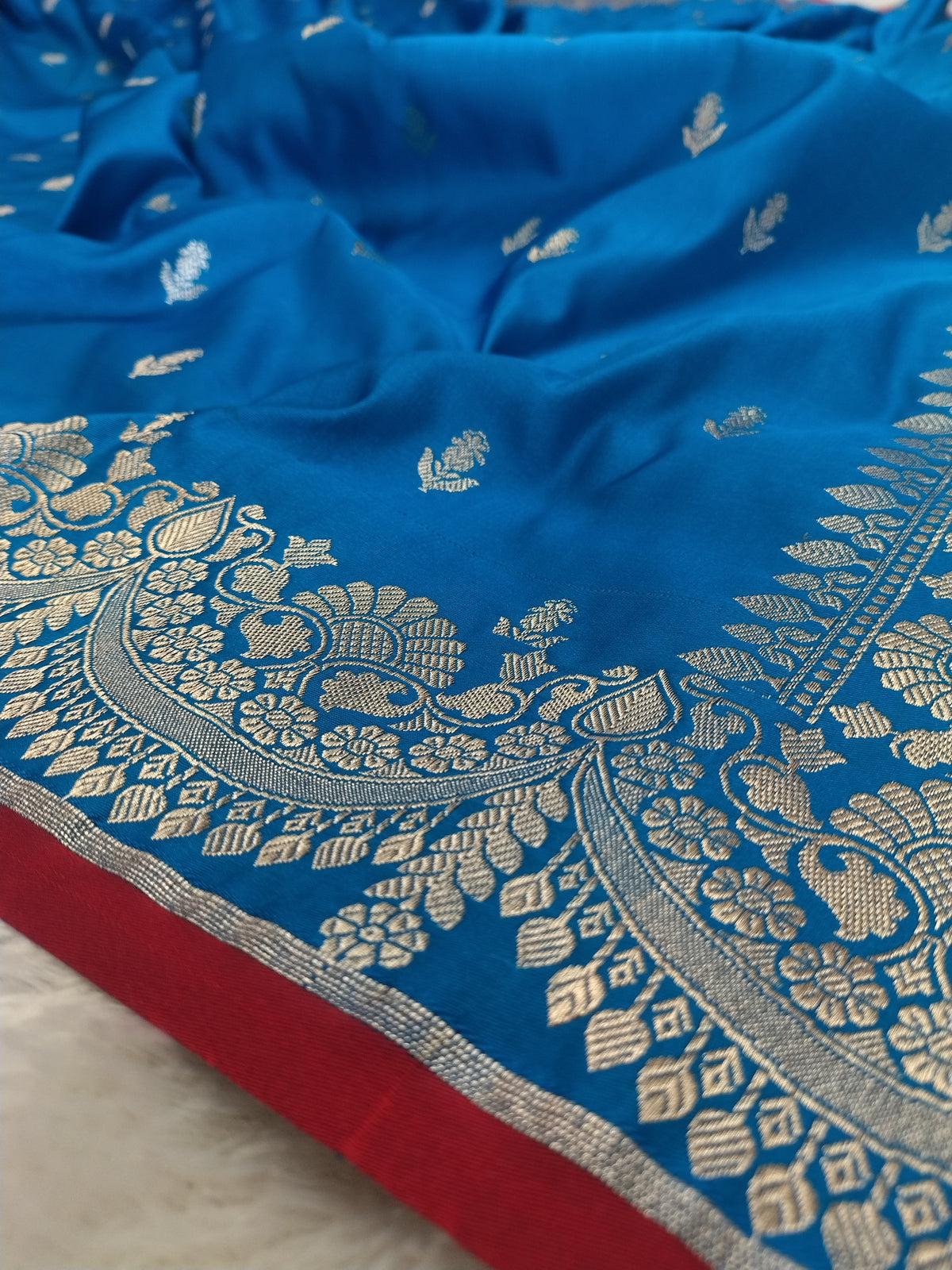 Royal Sky Blue Semi Katan Soft Silk Saree with Rich Silver Zari Pallu & Floral Border JBSK21