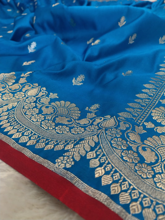 Royal Sky Blue Semi Katan Soft Silk Saree with Rich Silver Zari Pallu & Floral Border JBSK21
