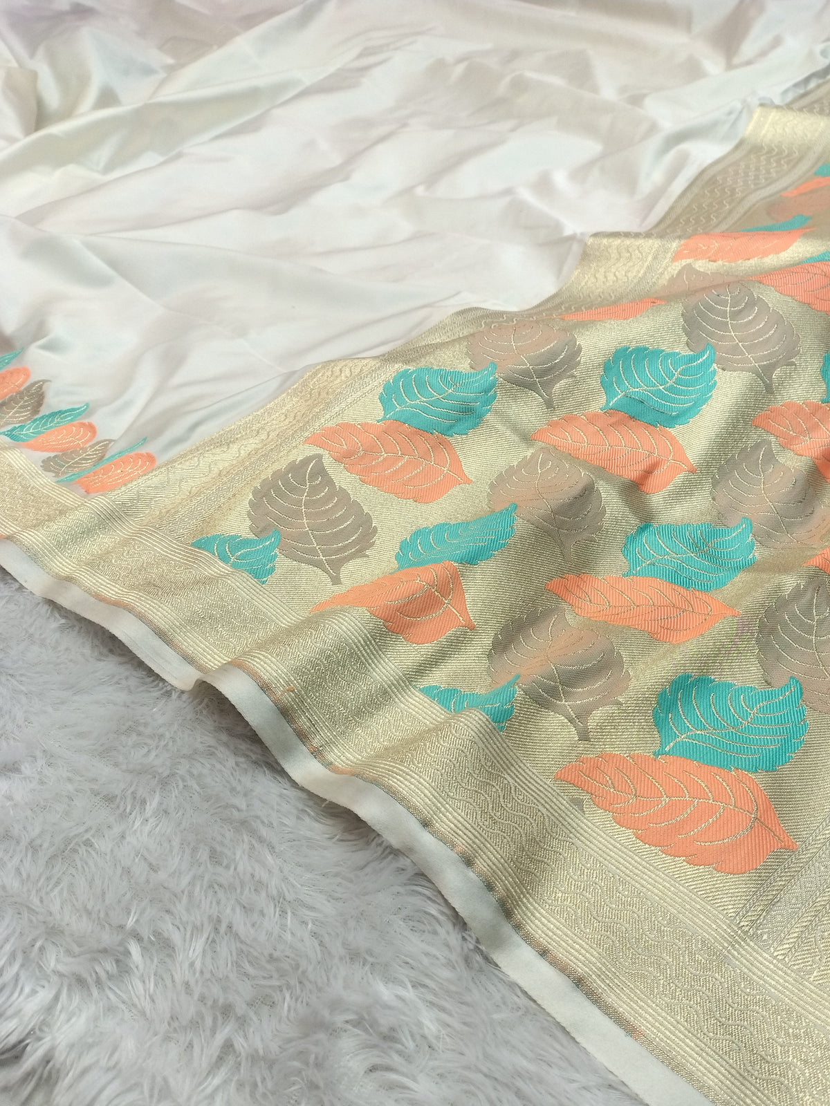 Banarasi Mashru Silk Saree in Off-White with Vibrant Leaf Meenakari & Golden Zari Border WBMS80