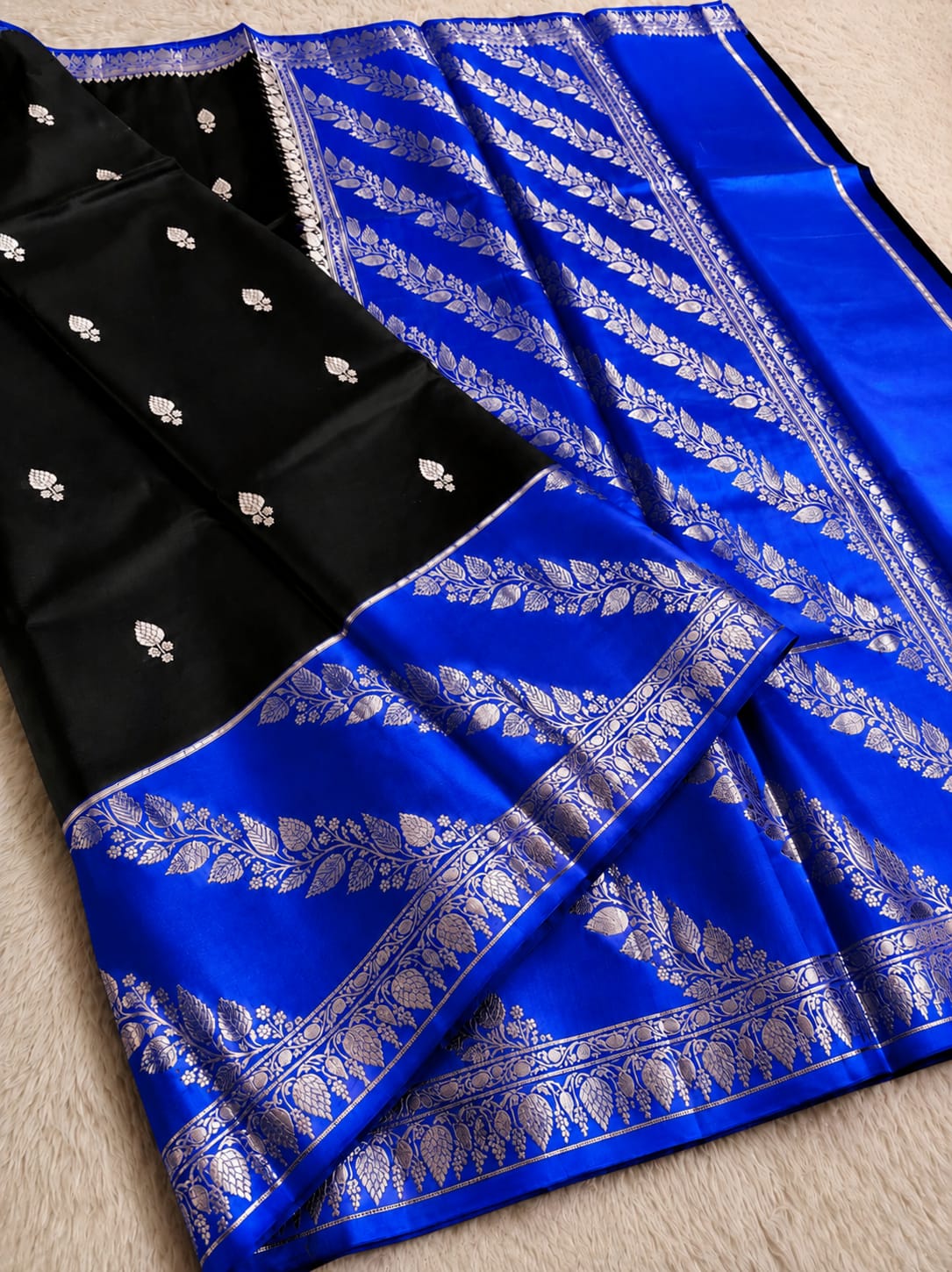 Elegant Black Semi Katan Soft Silk Saree with Vibrant Contrast Border & Pallu SKD66