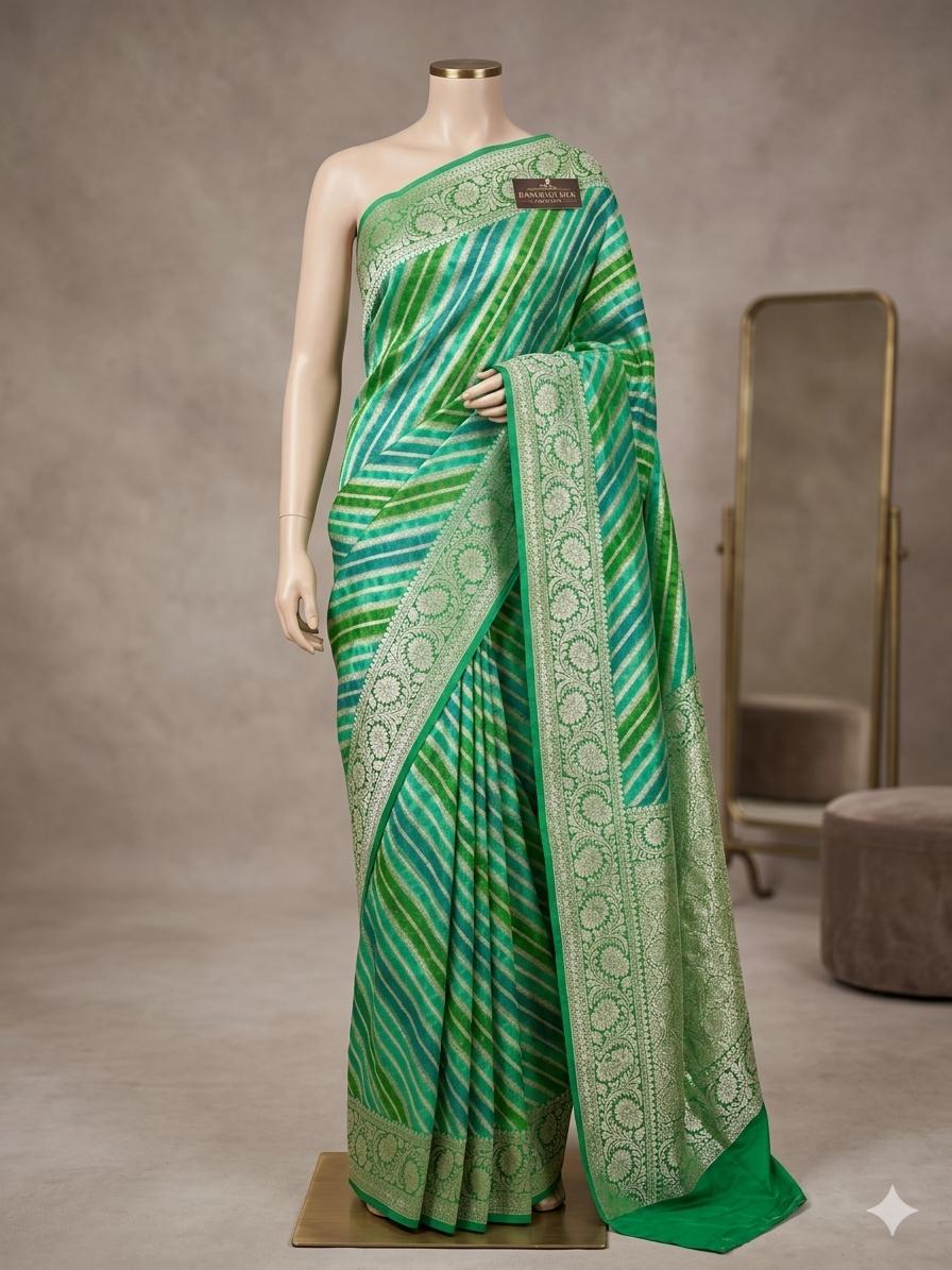 Pure Khaddi Chiffon Banarasi Saree with Double Neem Zari Weaving & Handbrush Dye - Green Stripe PKGK90