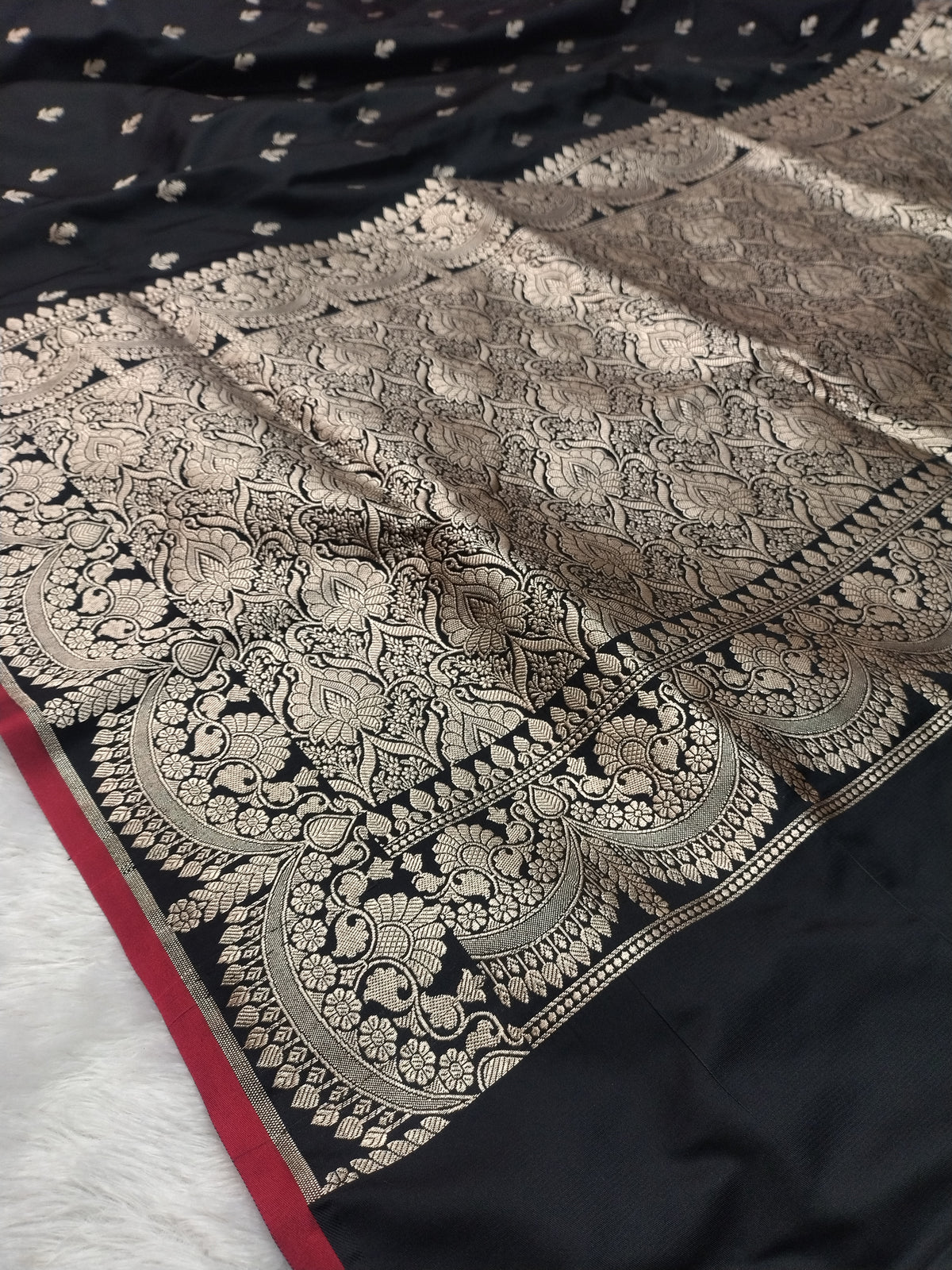 Royal Black Banarasi Semi Katan Soft Silk Saree with Rich Golden Zari Pallu & Contrast Red Border JBSK31