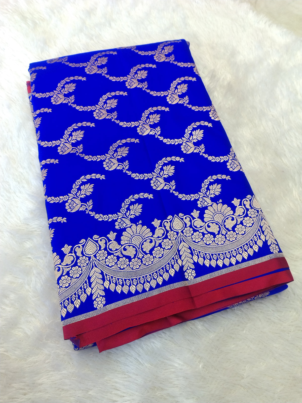 Royal Blue Semi Katan Silk Saree | Heavy Floral Jaal & Contrast Border JBSK19
