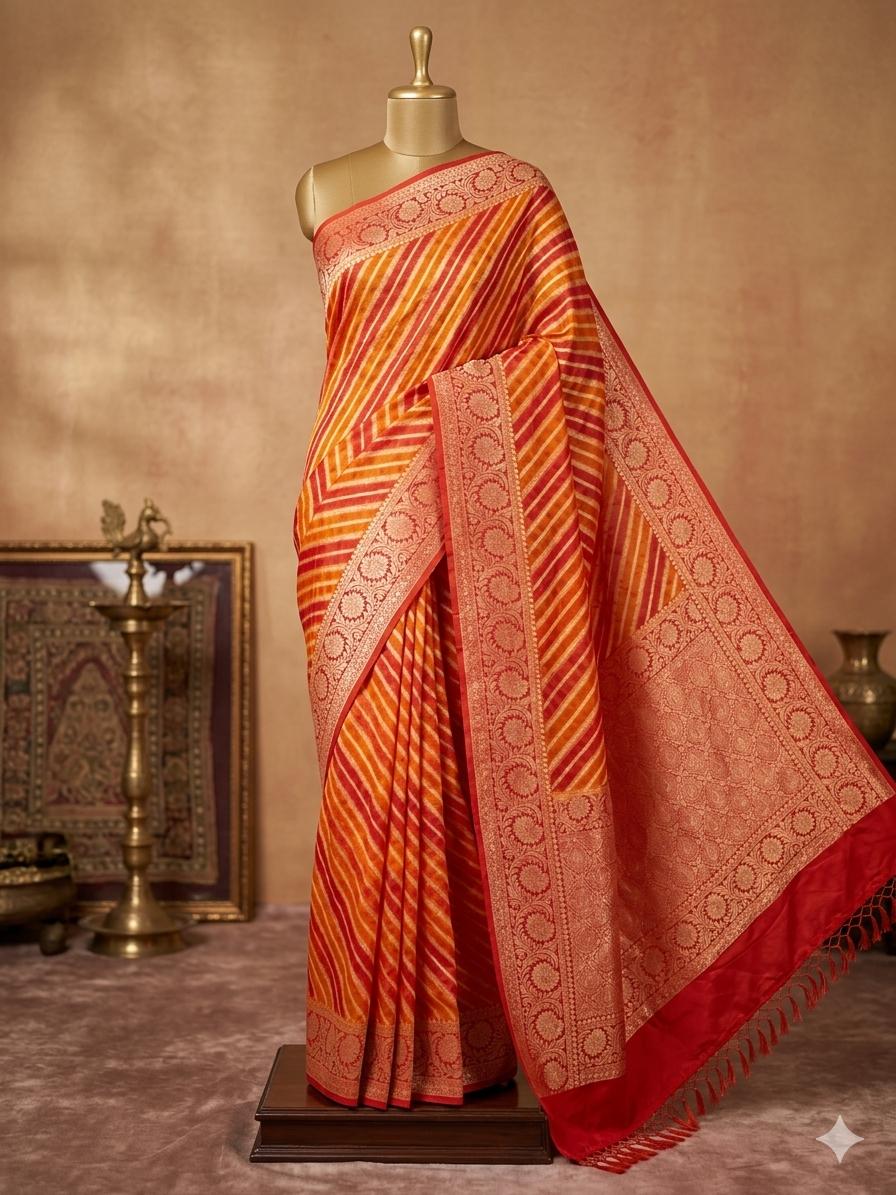 Pure Khaddi Chiffon Banarasi Saree with Double Neem Zari Weaving & Handbrush Dye - Multicolour Stripe PKGK90