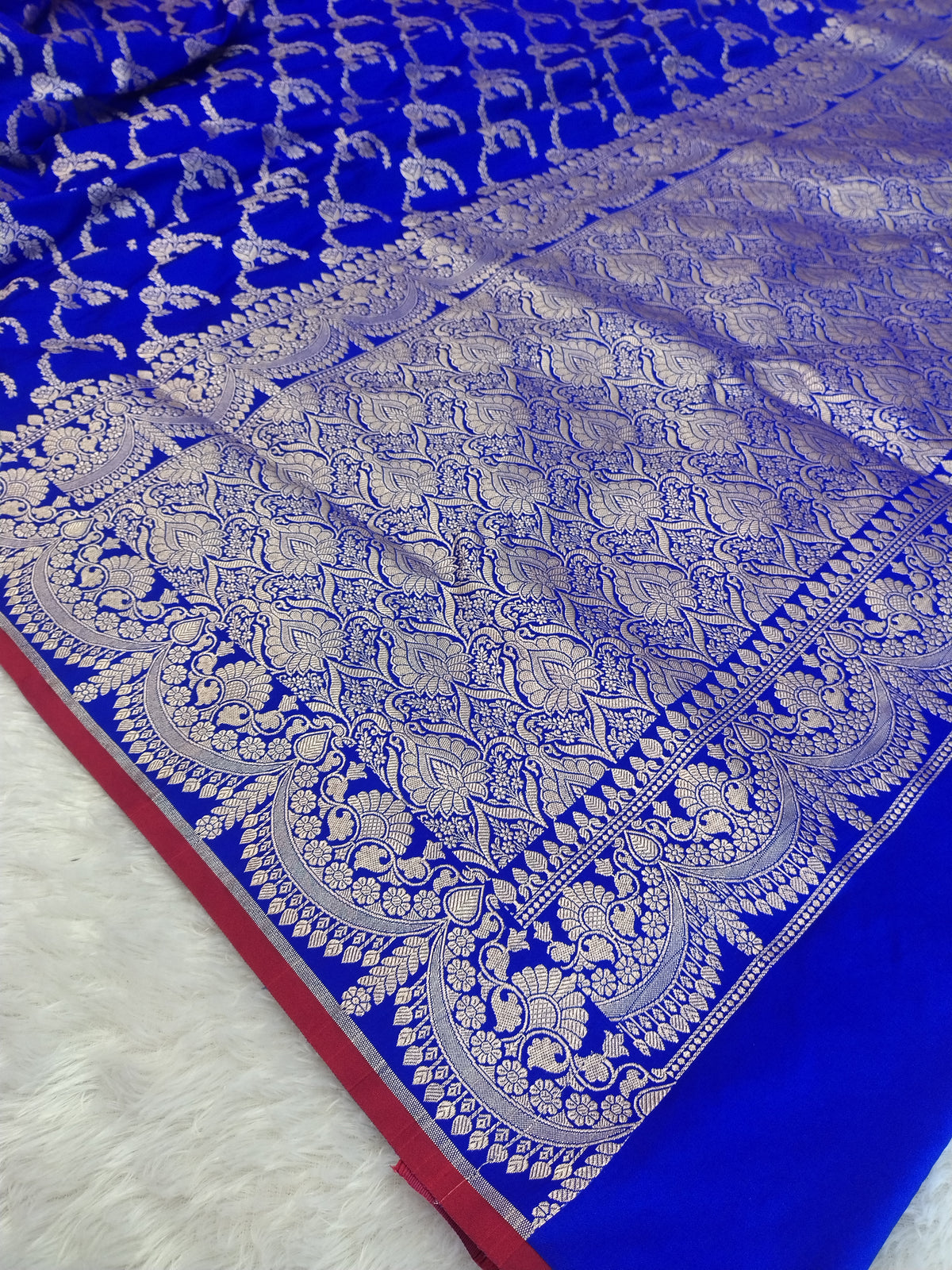 Royal Blue Semi Katan Silk Saree | Heavy Floral Jaal & Contrast Border JBSK19