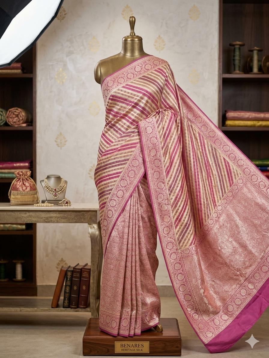 Pure Khaddi Chiffon Banarasi Saree with Double Neem Zari Weaving & Handbrush Dye - Multicolour Stripe PKGK90