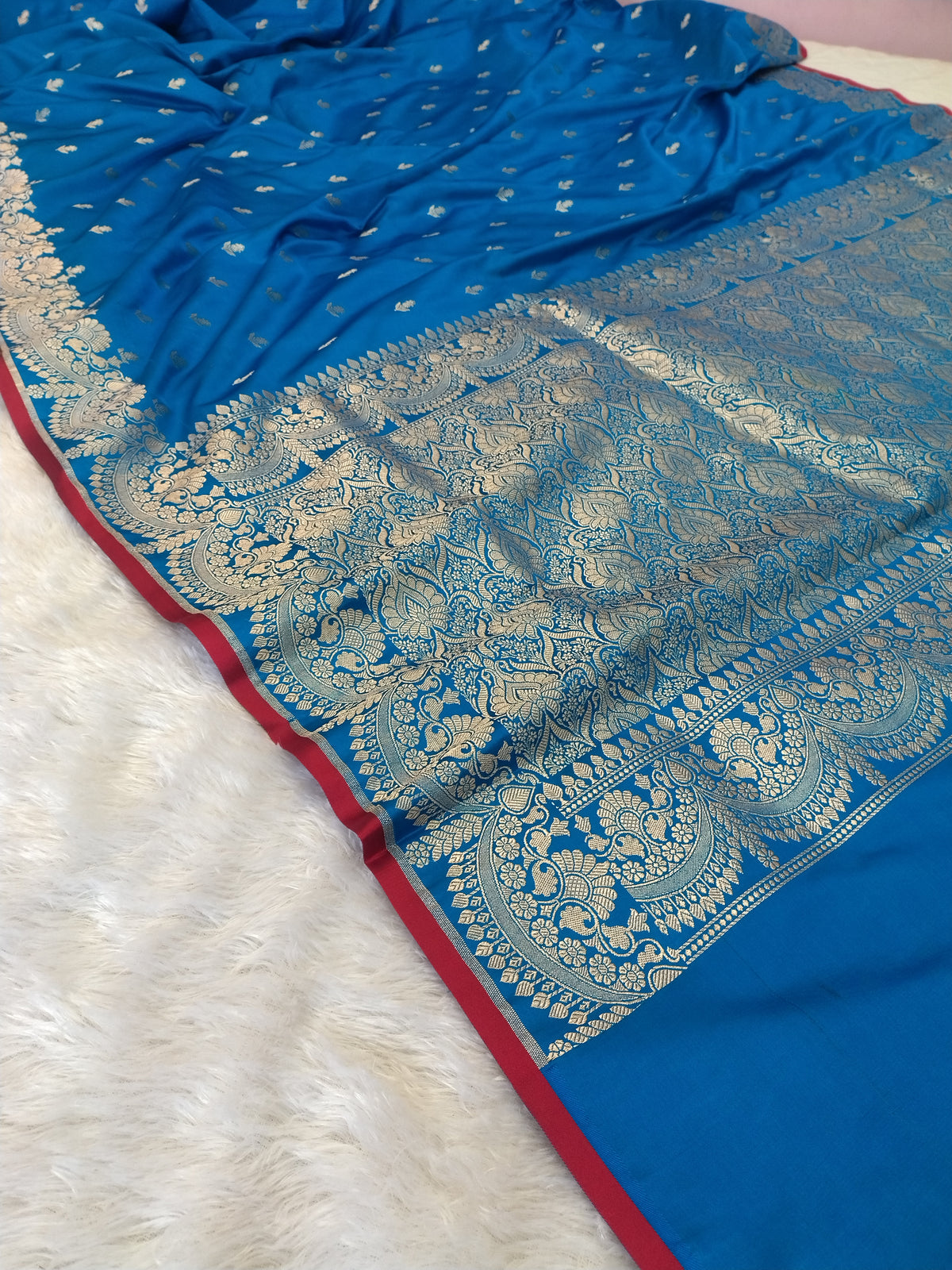 Royal Sky Blue Semi Katan Soft Silk Saree with Rich Silver Zari Pallu & Floral Border JBSK21