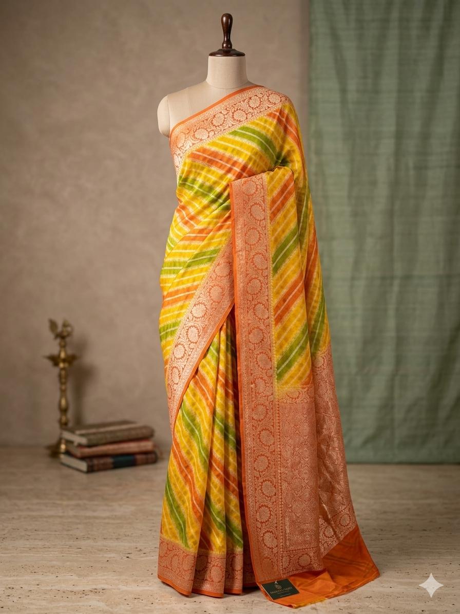 Pure Khaddi Chiffon Banarasi Saree with Double Neem Zari Weaving & Handbrush Dye - Multicolour Stripe PKGK90