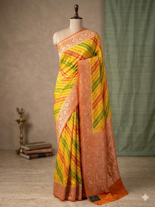 Pure Khaddi Chiffon Banarasi Saree with Double Neem Zari Weaving & Handbrush Dye - Multicolour Stripe PKGK90