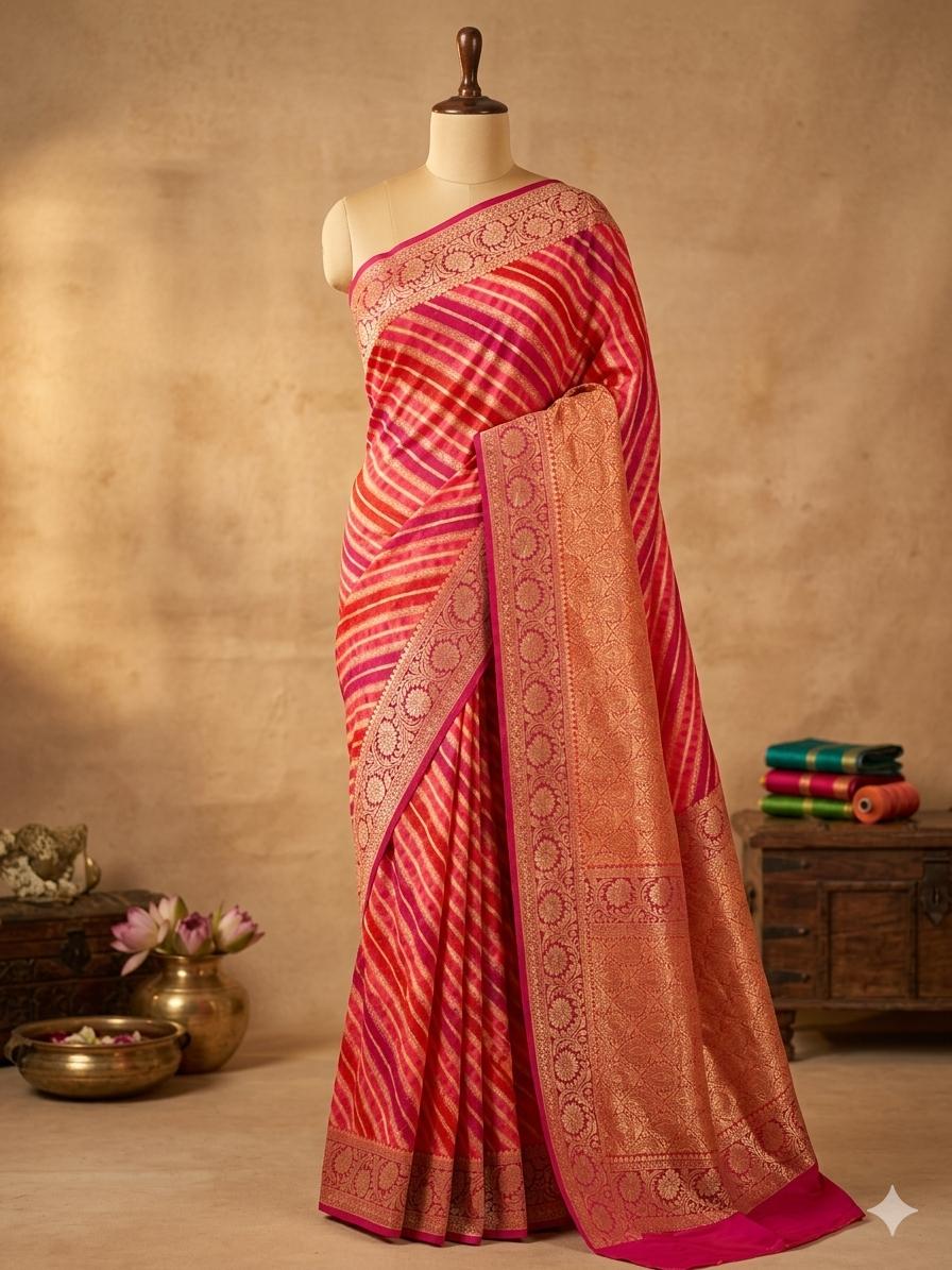 Pure Khaddi Chiffon Banarasi Saree with Double Neem Zari Weaving & Handbrush Dye - Multicolour Stripe PKGK90