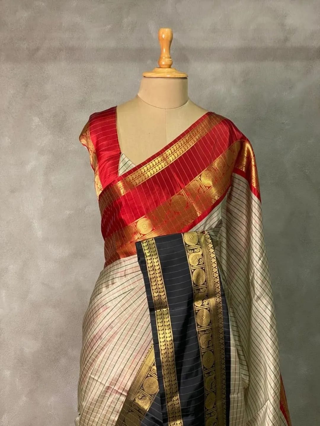Elegant Off-White & Black Banarasi Katan Soft Silk Saree with Red Accent GJM-45