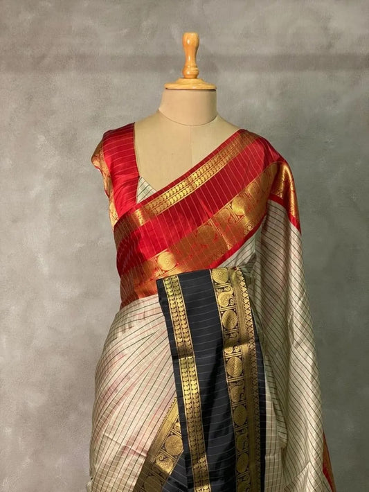 Elegant Off-White & Black Banarasi Katan Soft Silk Saree with Red Accent GJM-45