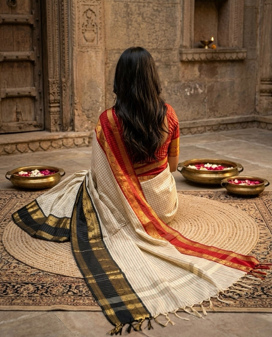 Elegant Off-White & Black Banarasi Katan Soft Silk Saree with Red Accent GJM-45