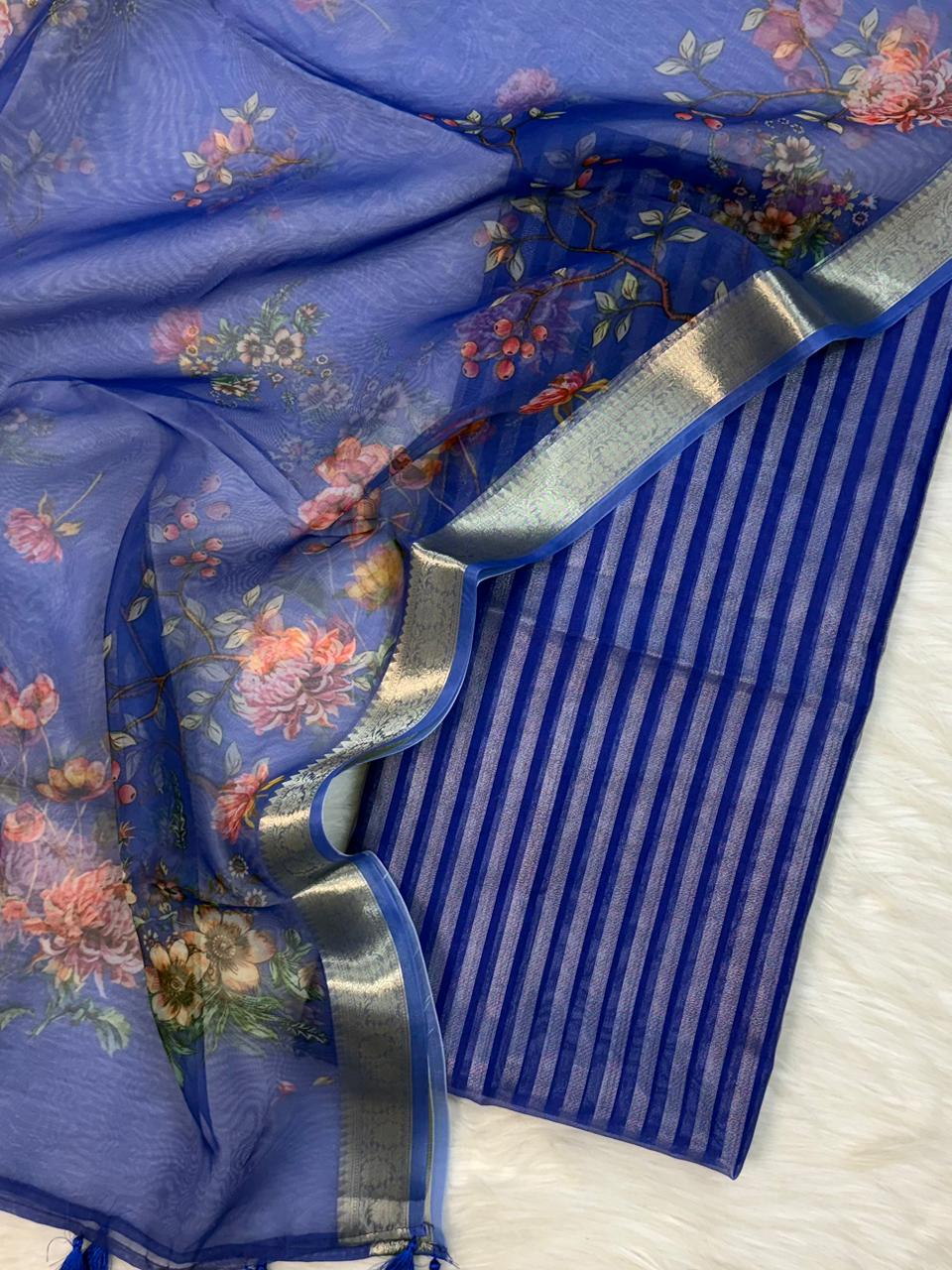 Premium Banarasi Mercerised Cotton Unstitched Suit Set with Digital Print Chanderi Dupatta BSH45