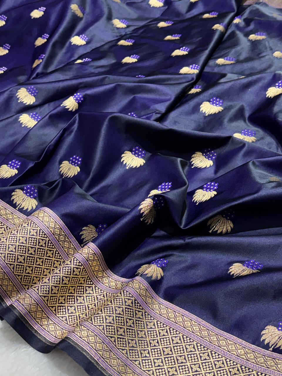 Royal Navy Blue Banarasi Semi Katan Soft Silk Saree with Elaborate Zari Pallu