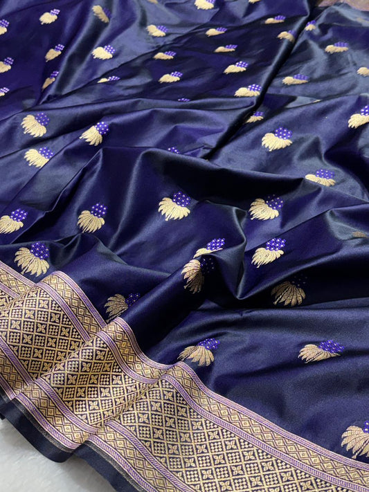 Royal Navy Blue Banarasi Semi Katan Soft Silk Saree with Elaborate Zari Pallu