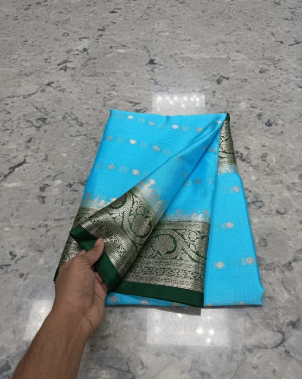 Elegant Sky Blue & Bottle Green Warm Silk Saree with Water Zari Butti WSN90