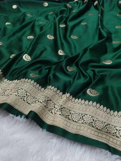 Emerald Green Banarasi Mashru Silk Saree with Gold Zari Woven Border & Pallu WBMS61
