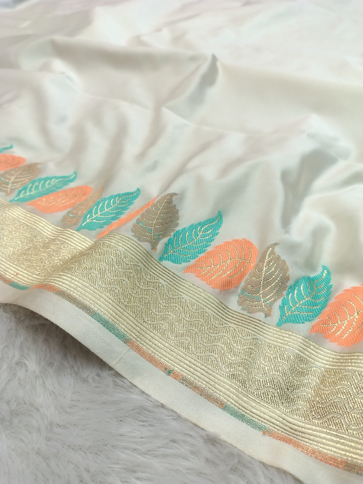 Banarasi Mashru Silk Saree in Off-White with Vibrant Leaf Meenakari & Golden Zari Border WBMS80