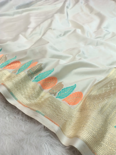 Banarasi Mashru Silk Saree in Off-White with Vibrant Leaf Meenakari & Golden Zari Border WBMS80