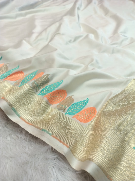 Banarasi Mashru Silk Saree in Off-White with Vibrant Leaf Meenakari & Golden Zari Border WBMS80