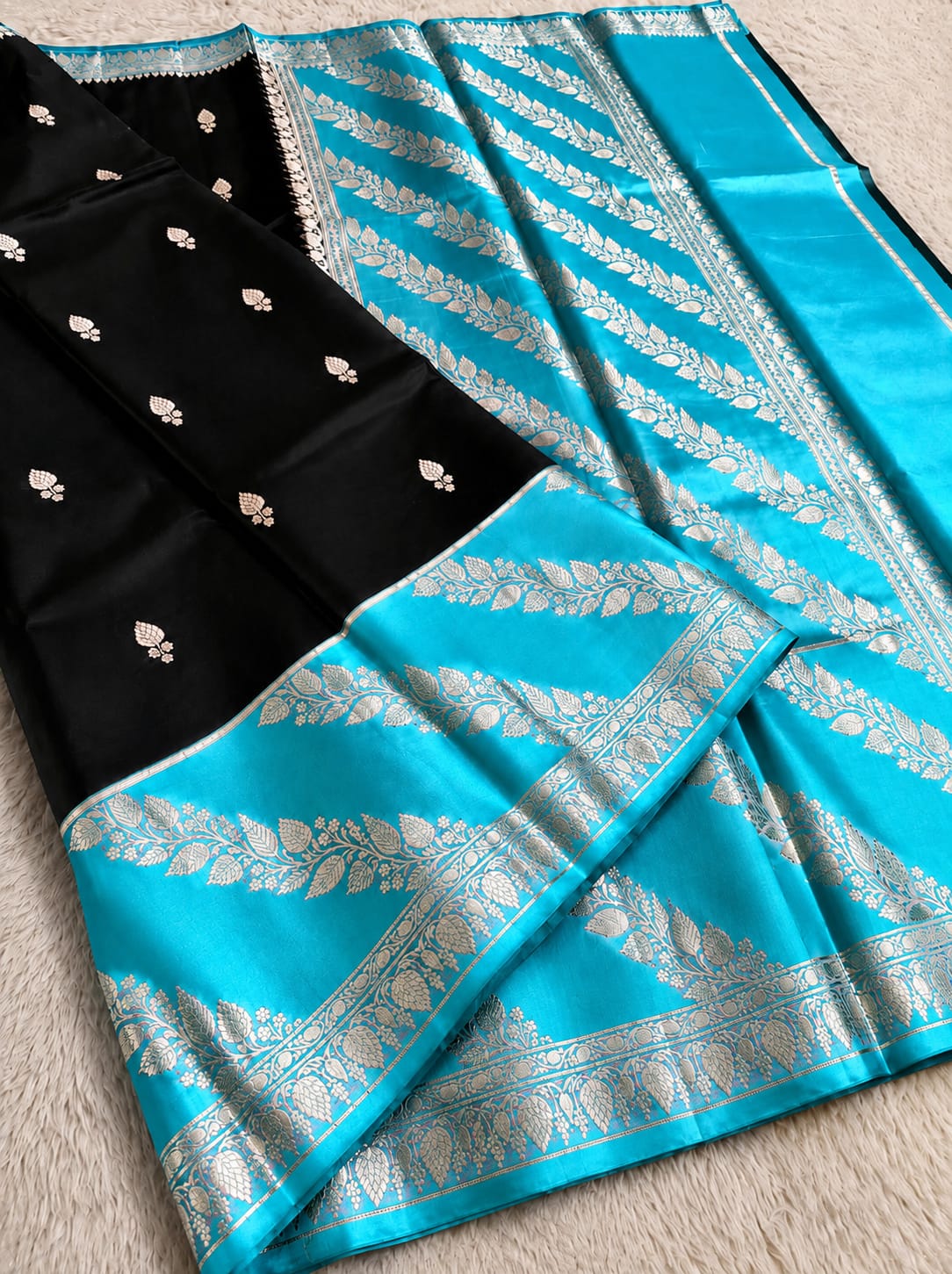 Elegant Black Semi Katan Soft Silk Saree with Vibrant Contrast Border & Pallu SKD66