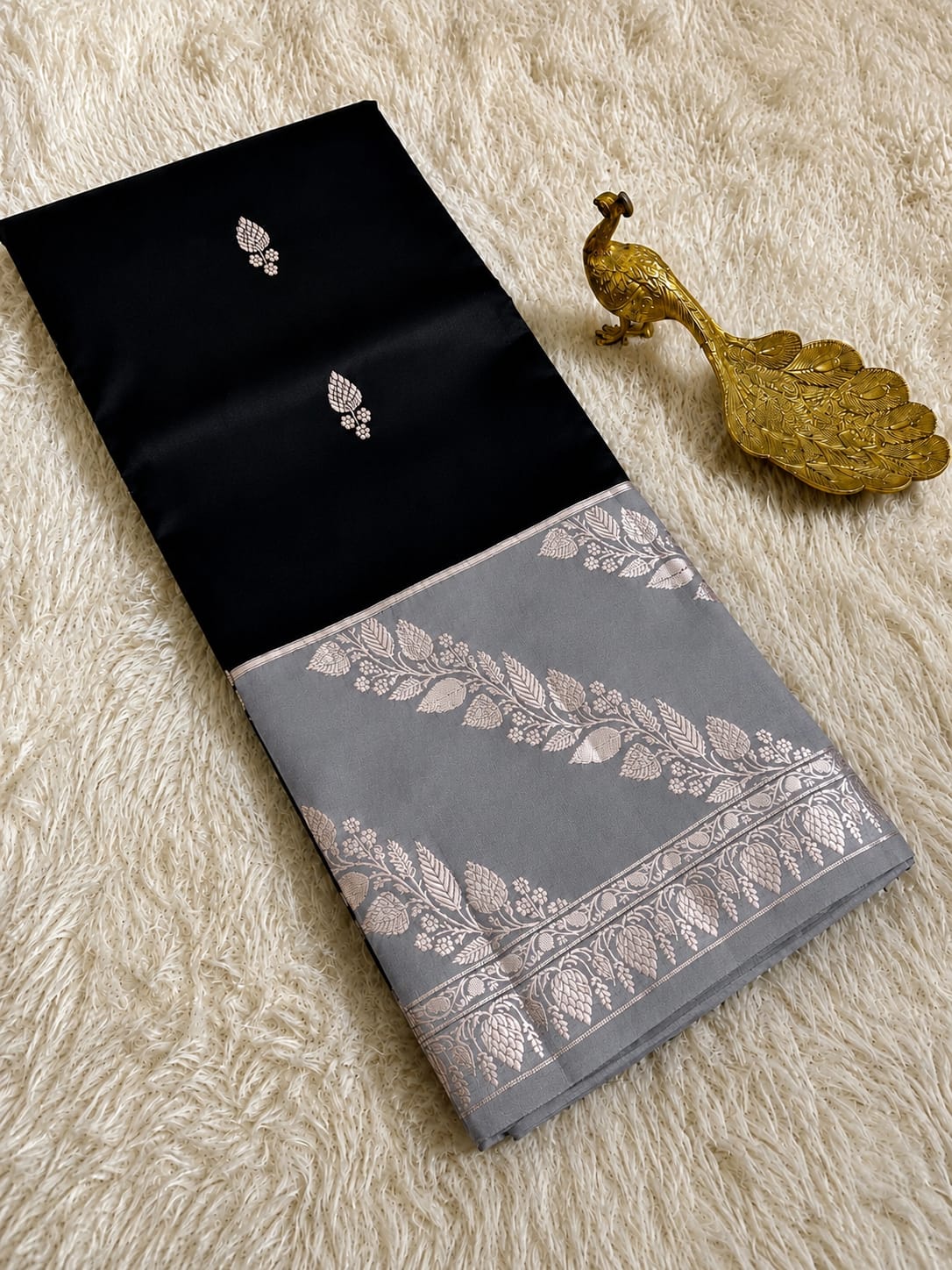Elegant Black Semi Katan Soft Silk Saree with Vibrant Contrast Border & Pallu SKD66