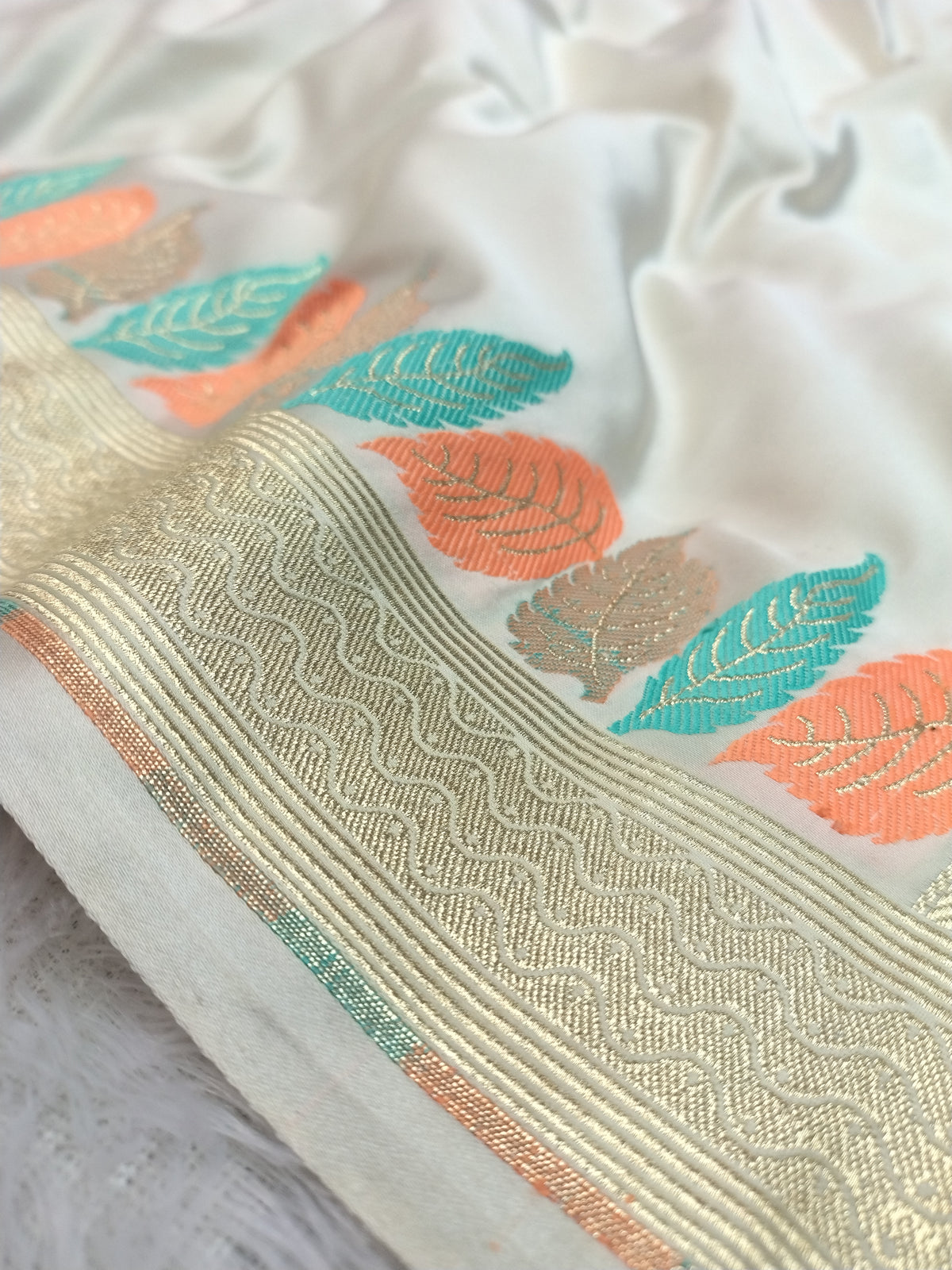 Banarasi Mashru Silk Saree in Off-White with Vibrant Leaf Meenakari & Golden Zari Border WBMS80