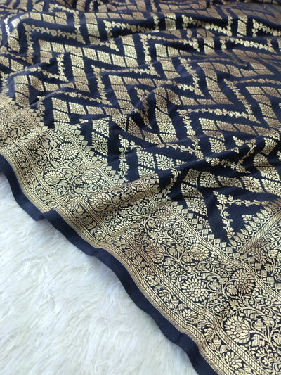 Royal Navy Blue Banarasi Mashru Silk Saree with Rich Zari Weaving WBMS51