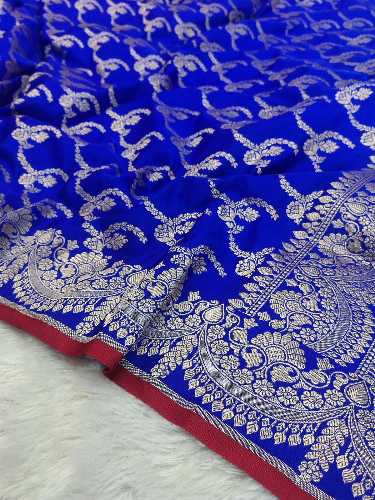 Royal Blue Semi Katan Silk Saree | Heavy Floral Jaal & Contrast Border JBSK19