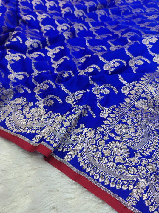 Royal Blue Semi Katan Silk Saree | Heavy Floral Jaal & Contrast Border JBSK19